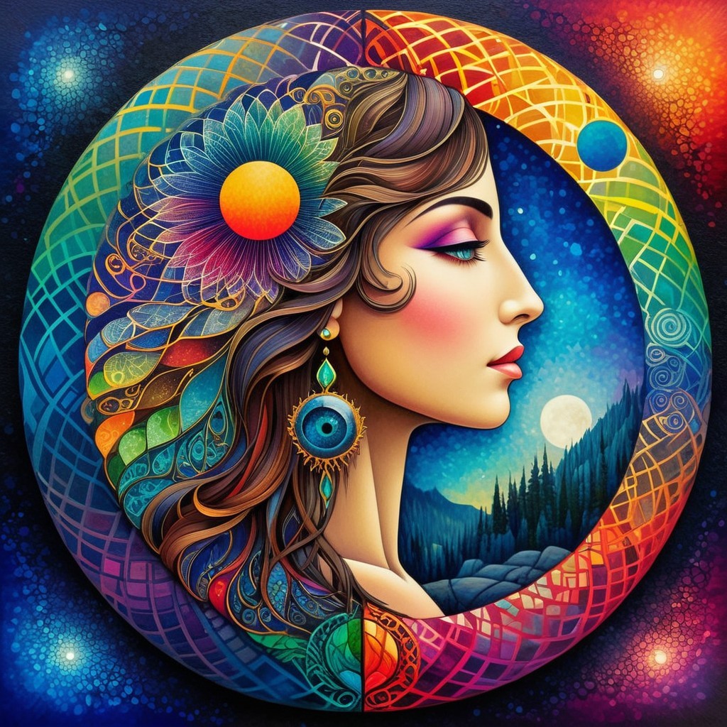 Vibrant Profile of Woman with Colorful Patterns and Nature