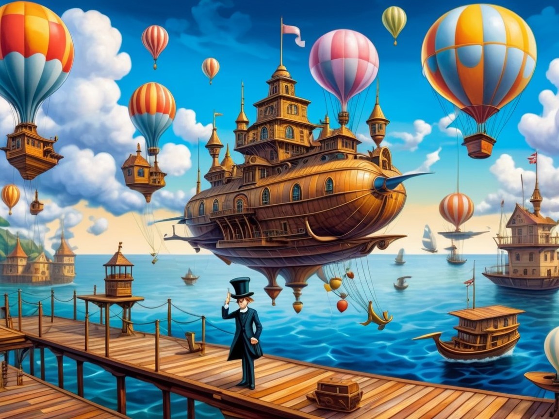 Oversized Steampunk Airship Over Vibrant Blue Sea
