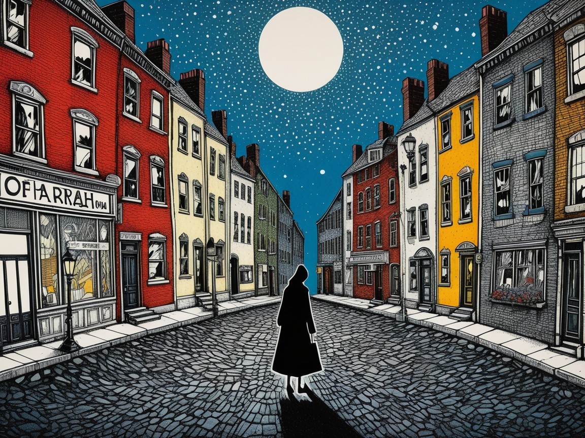 Silhouette on Cobblestone Street Under Full Moon