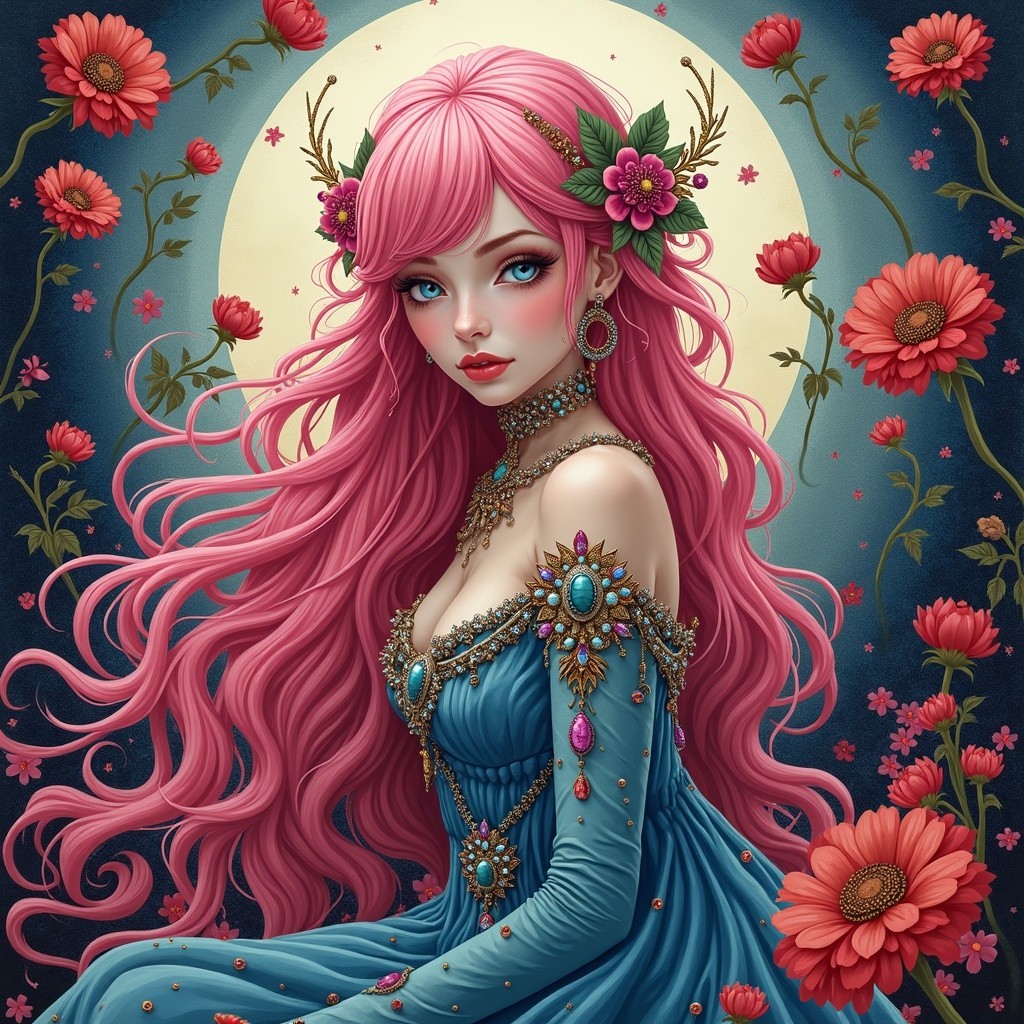 Fantasy Portrait of Woman with Pink Hair and Moonlight