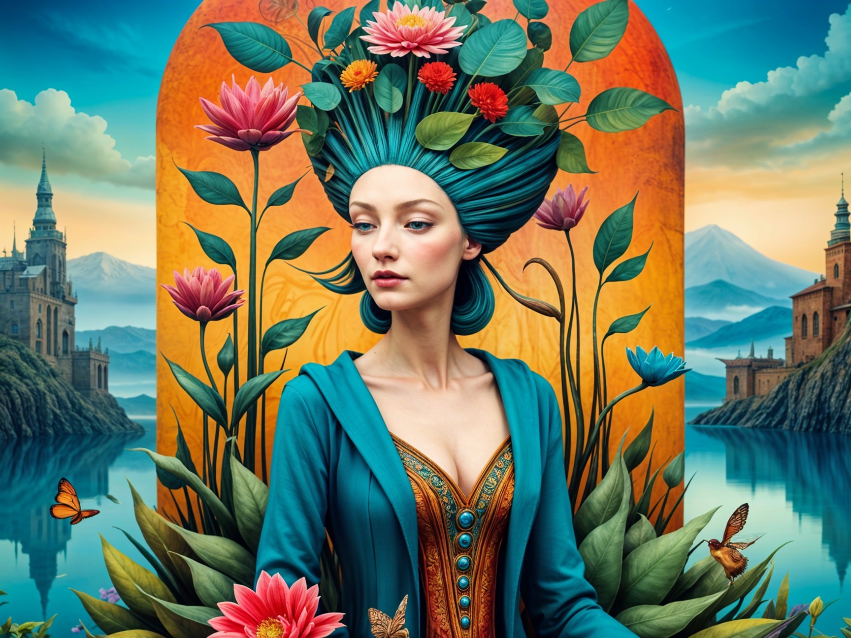 Regal figure in teal gown amidst flowers and mountains