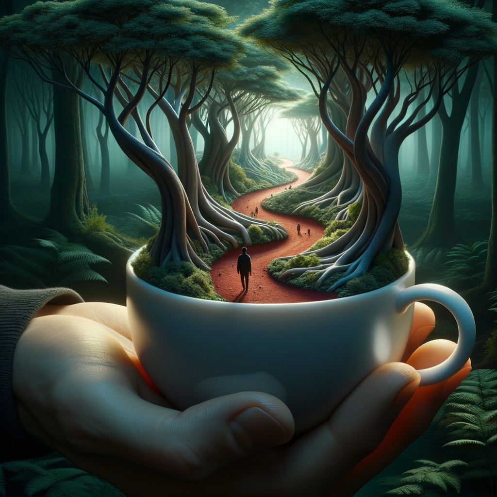 Surreal Scene of a Hand Holding a Cup with Forest Pathway