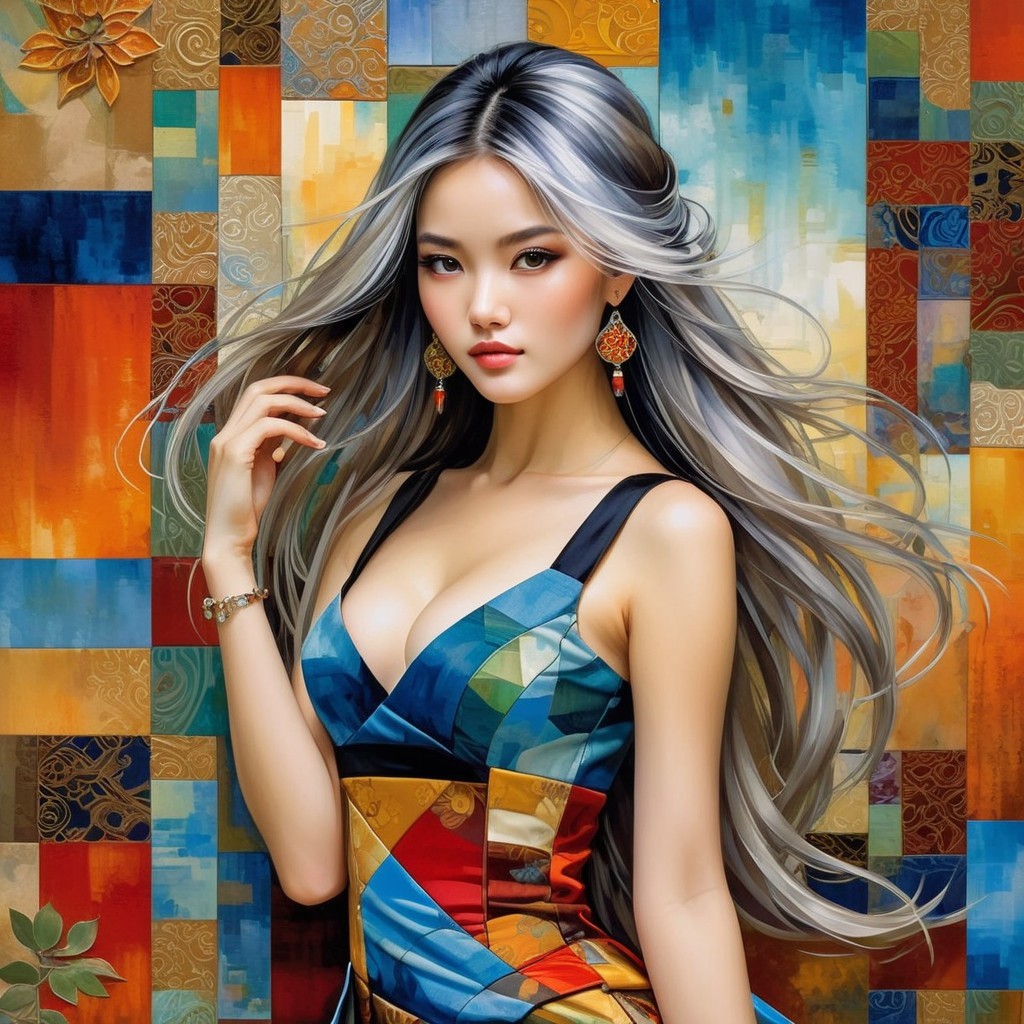 Young Woman in Colorful Patchwork Gown with Silver Hair