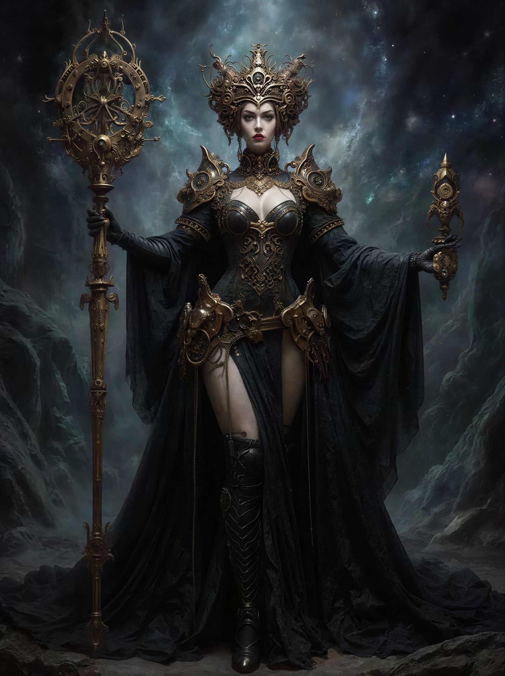 Dark Sorceress in Regal Attire with Ornate Staff