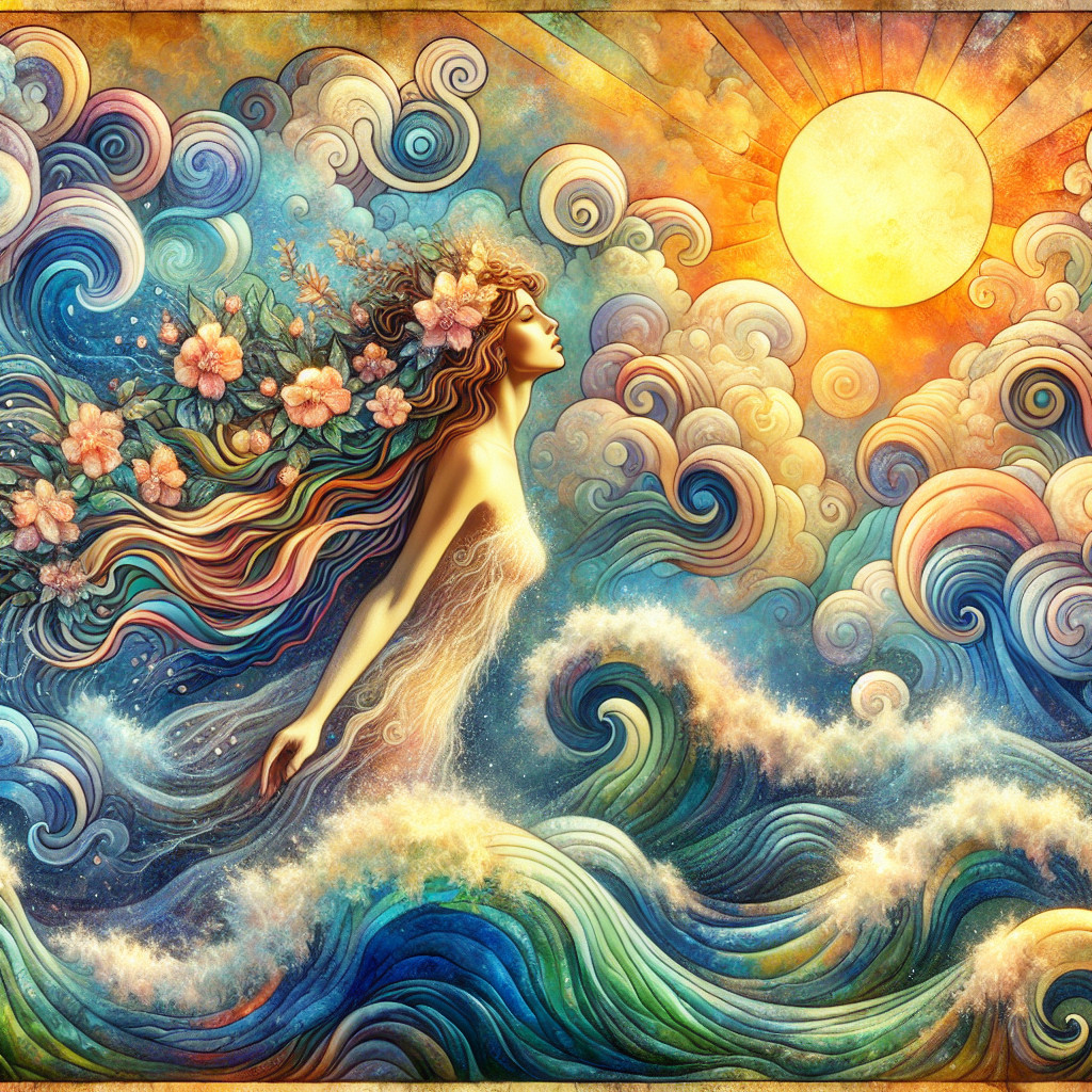 Ethereal Woman in Dreamlike Ocean Scene with Flowers