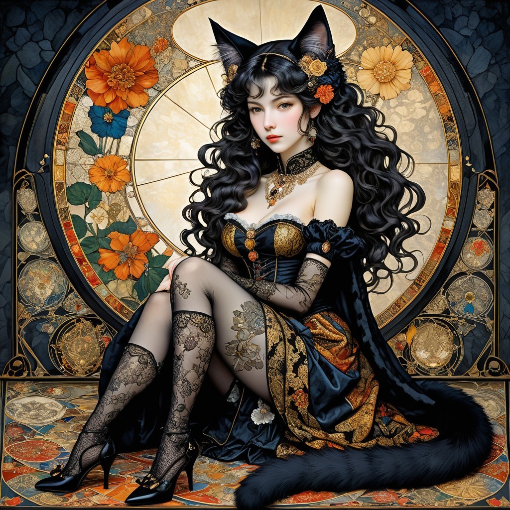 Elegant Figure in Black Gown with Stained Glass Backdrop