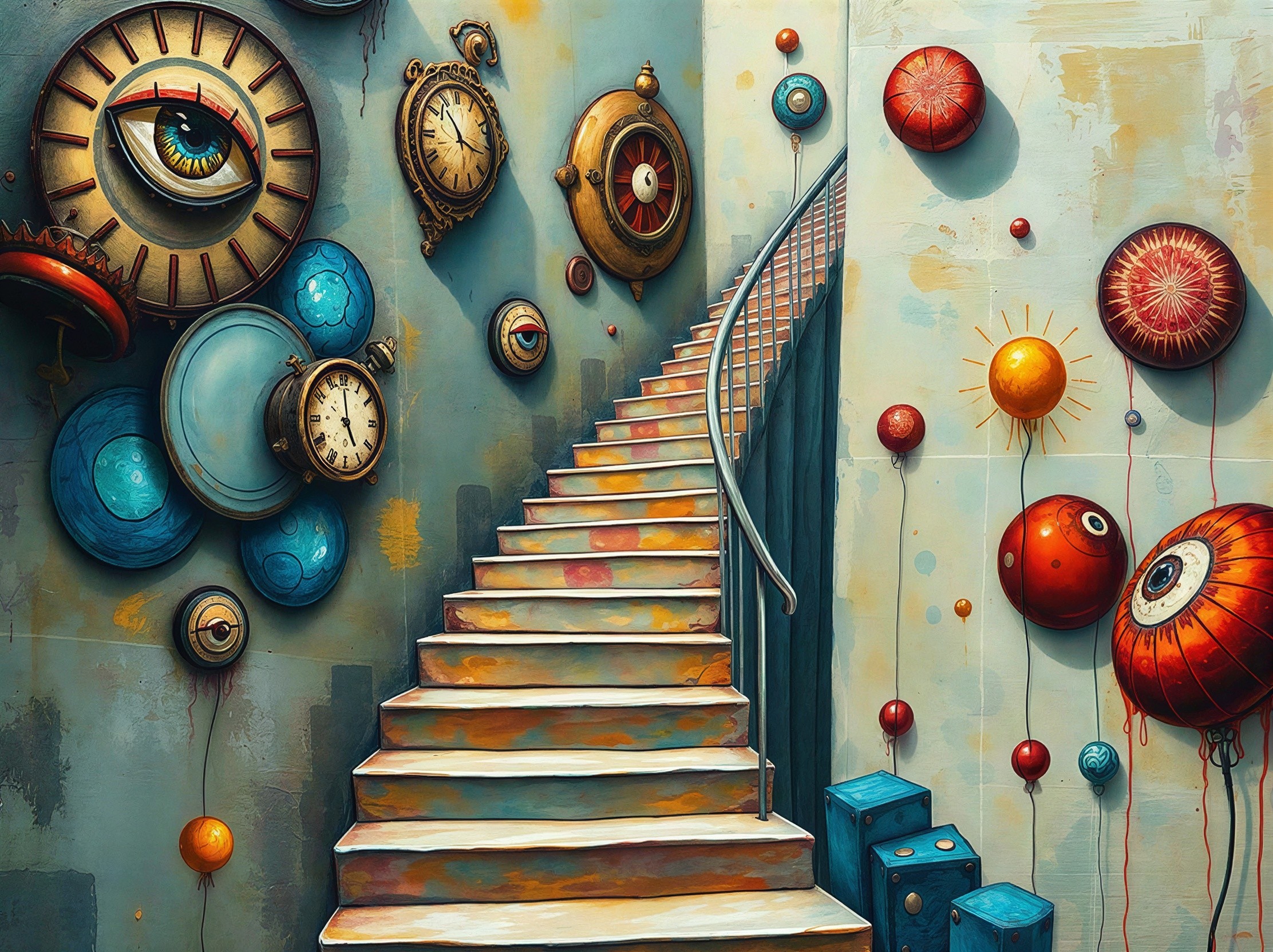 Surreal Steampunk Interior with Colorful Staircase