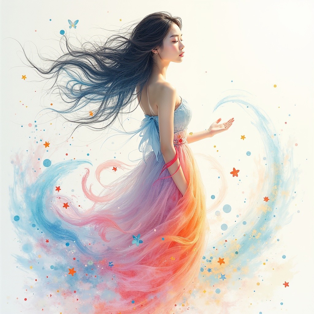 Elegant Figure in Pastel Dress with Butterflies and Stars
