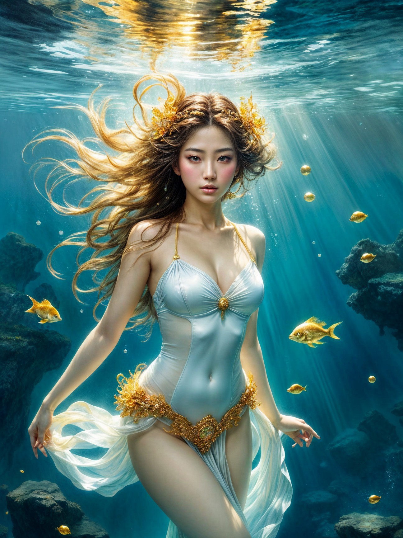 Underwater Scene with Graceful Figure in Silver Outfit