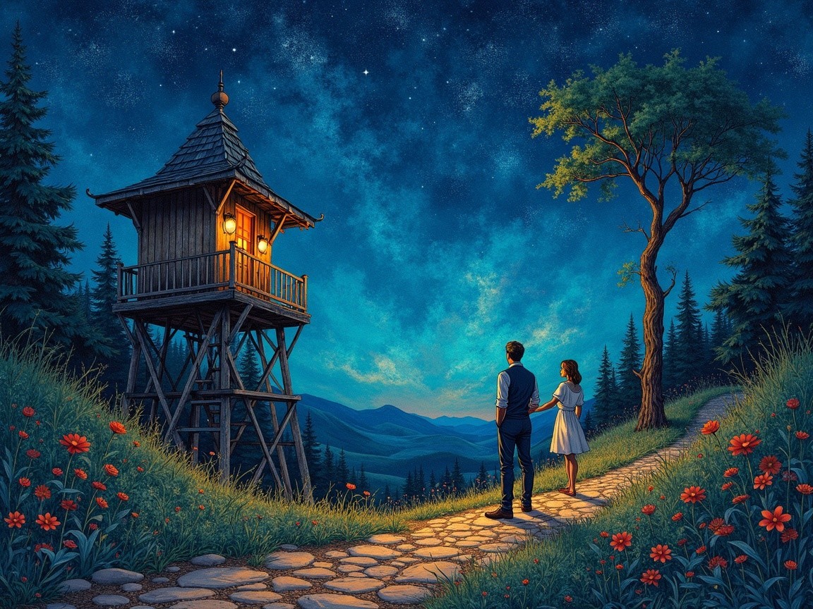 Twilight Landscape with Couple and Wooden Watchtower