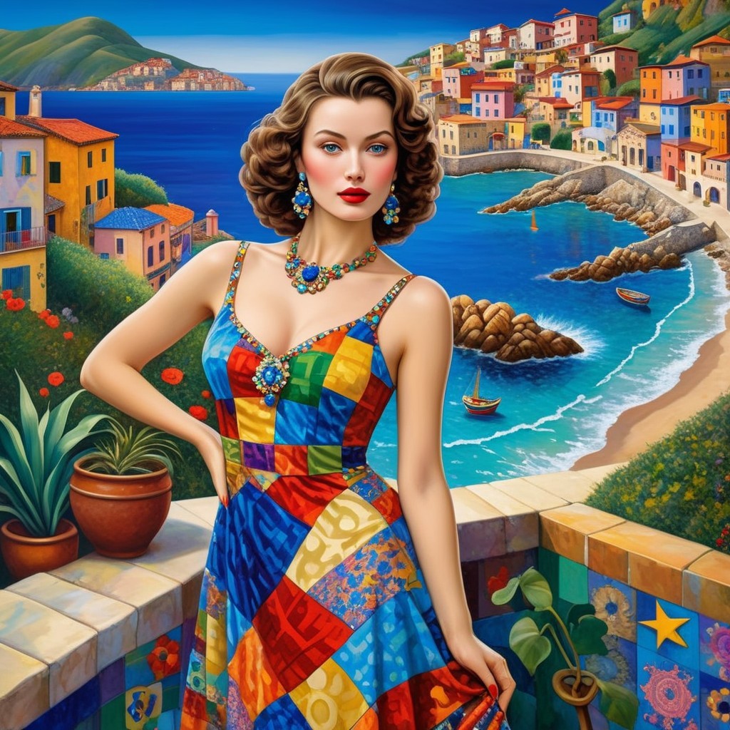 Glamorous Woman in Colorful Dress by Coastal Village