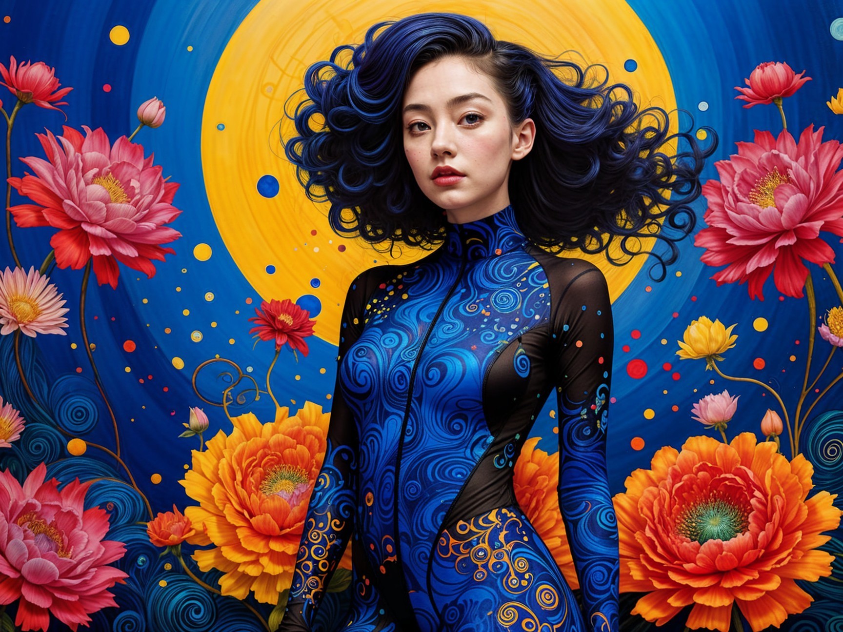 Woman with Dark Blue Hair and Colorful Floral Background