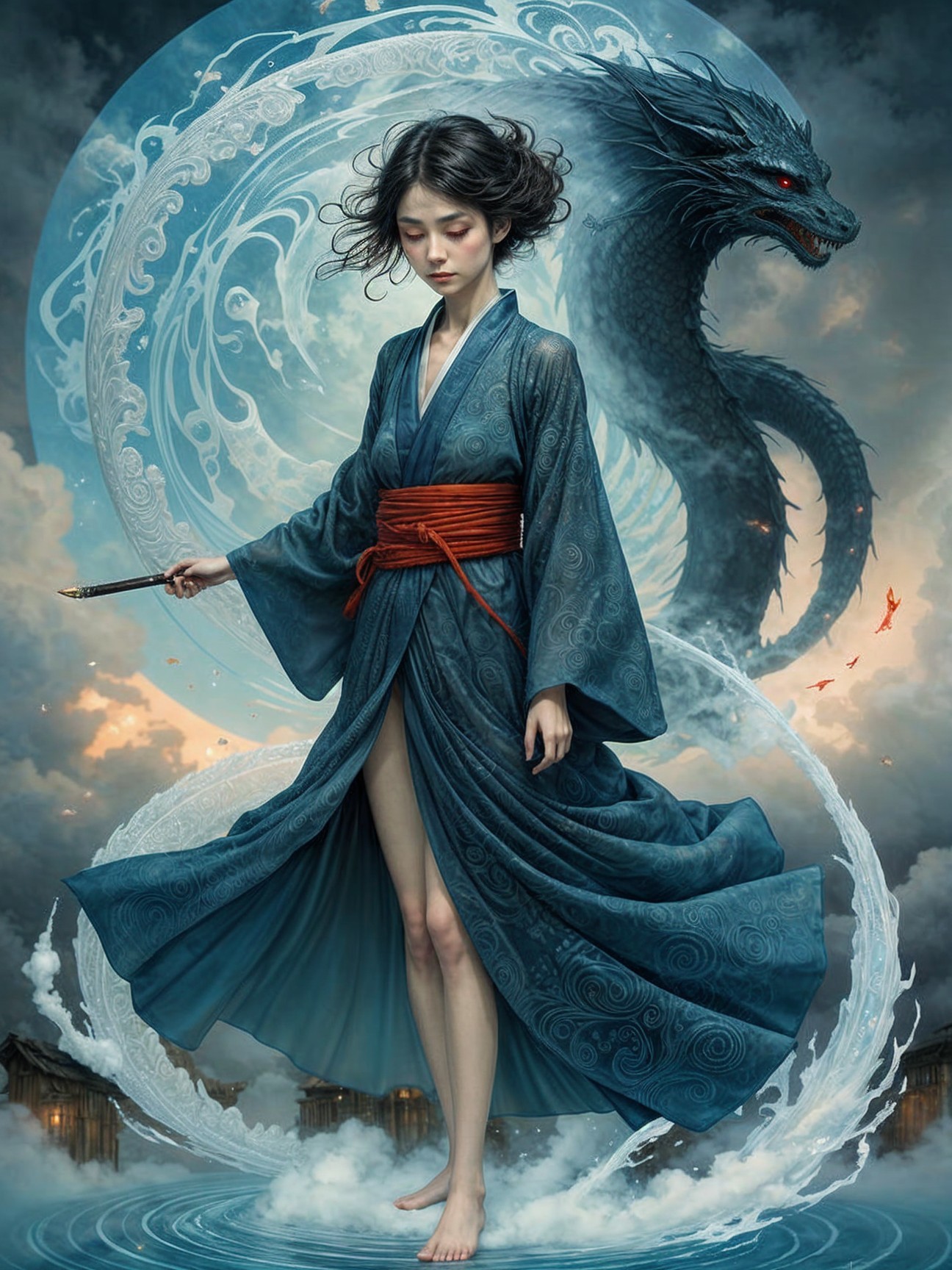 Young Woman in Blue Kimono with Majestic Dragon