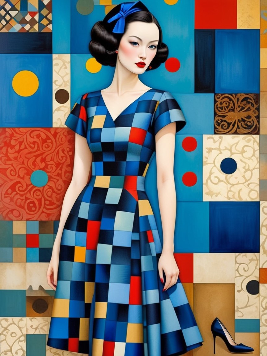 Stylish Woman in Vibrant Geometric Dress and Background