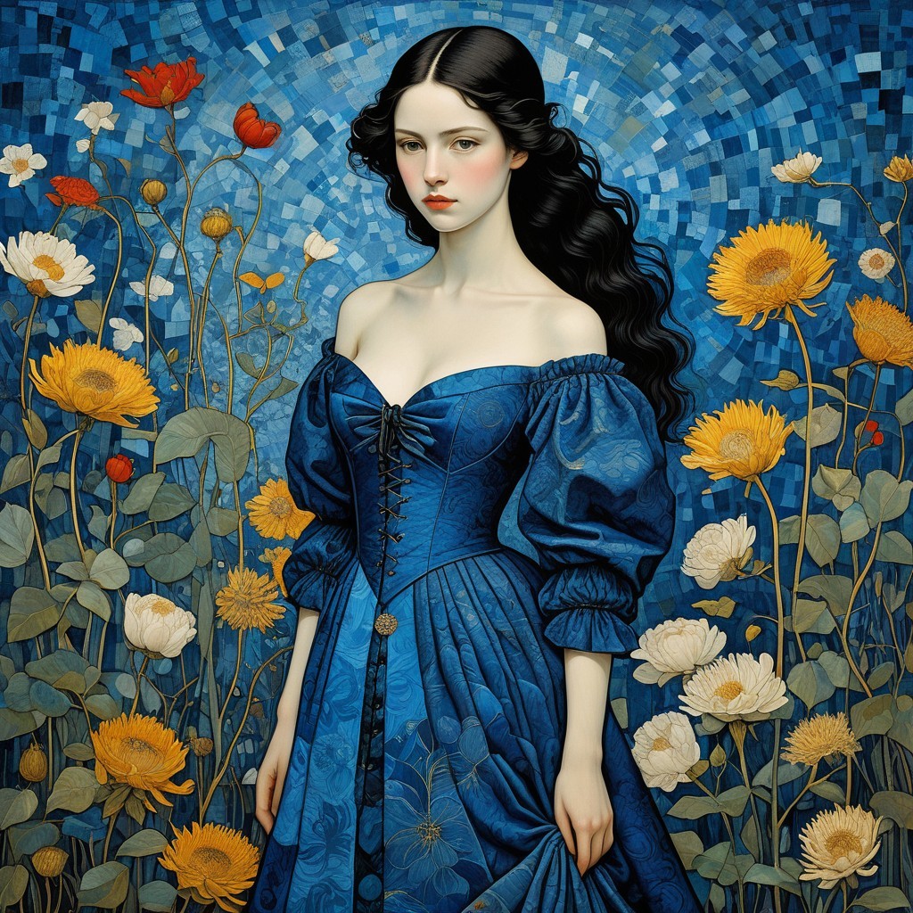 Young Woman in Blue Gown Surrounded by Colorful Garden
