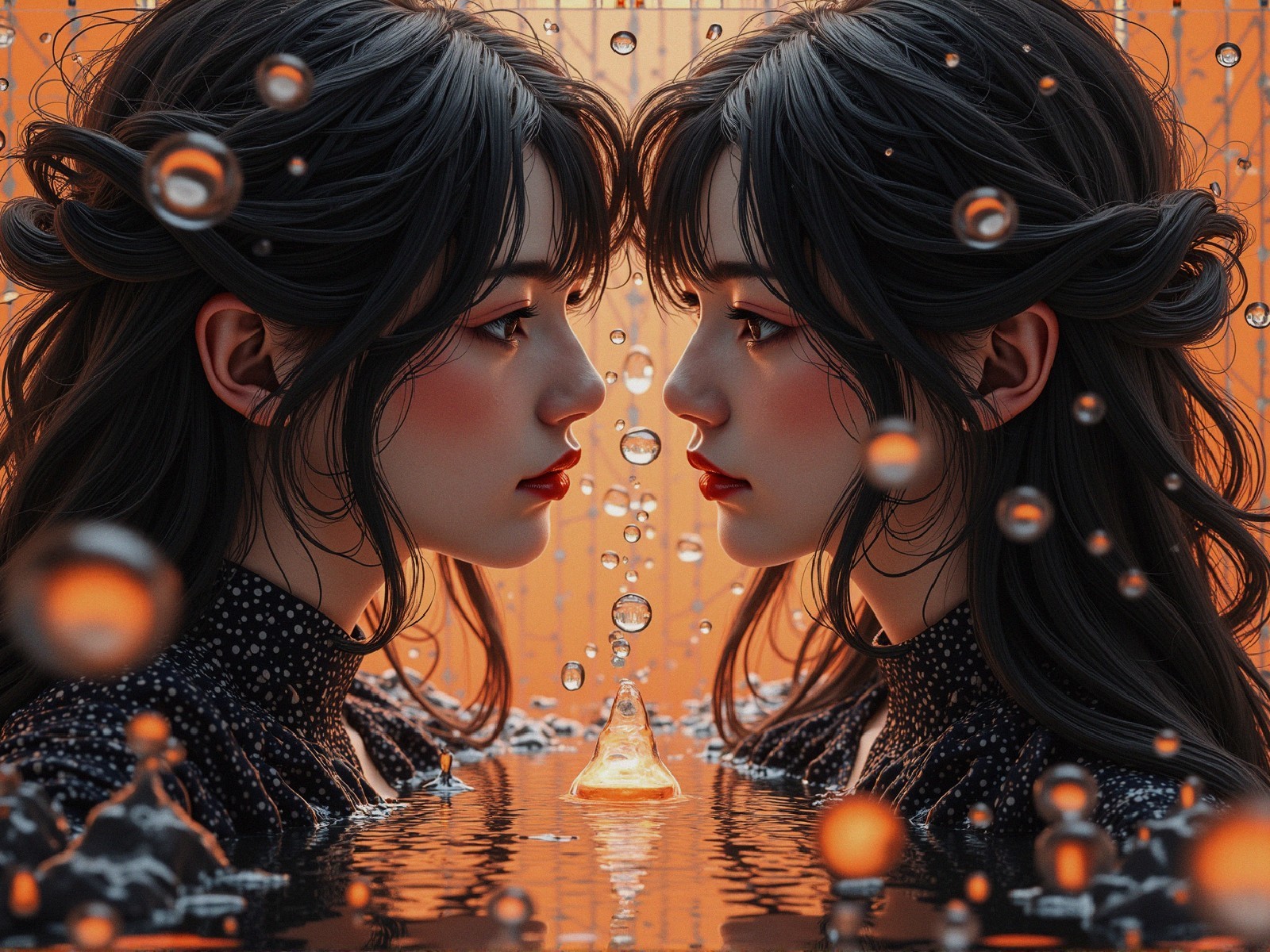 Identical Figures in Surreal Dreamy Setting with Bubbles