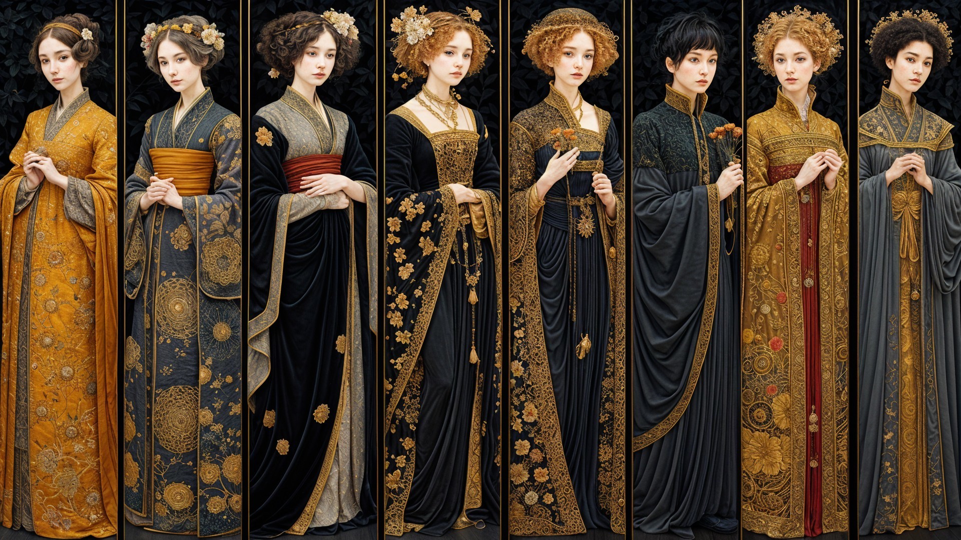 Elegant Attire Collection with Ornate Dresses and Fabrics