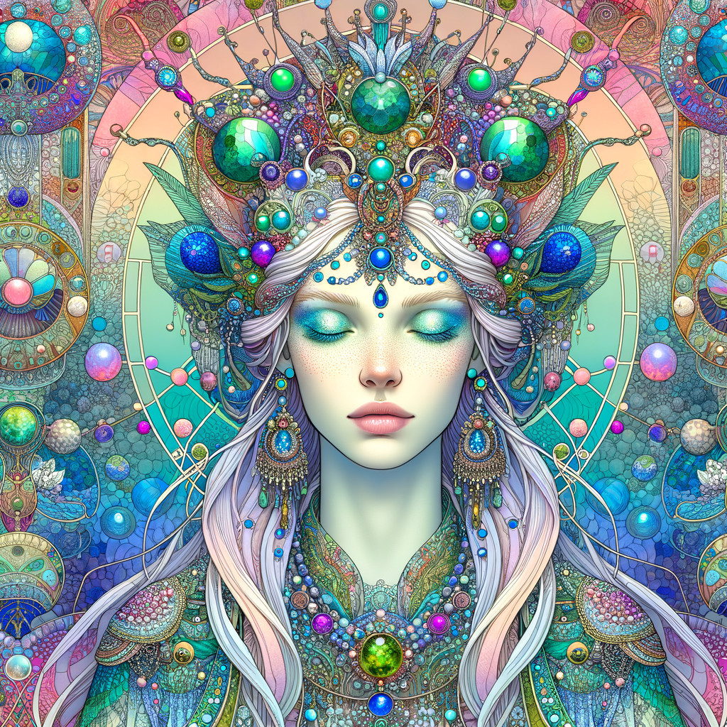 Ethereal Woman in Jewel-Encrusted Headwear and Patterns