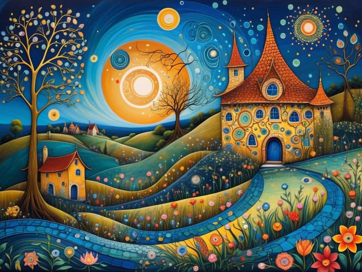 Whimsical Landscape with Colorful Hills and Houses