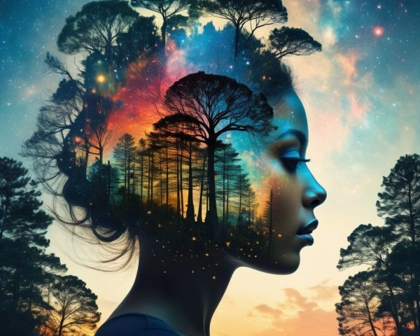 Silhouette of Woman with Cosmic Landscape Integration