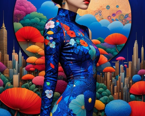 Woman in Blue Dress with Floral Patterns and Abstract Background