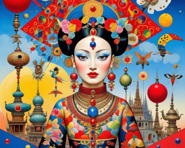 Traditional Attire with Whimsical Elements and Landscape