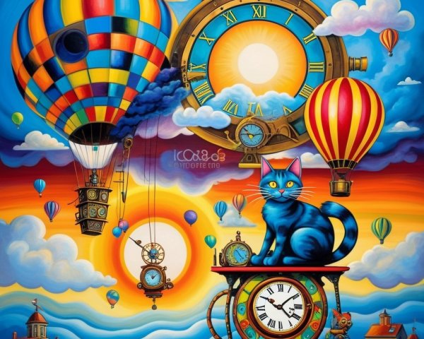 Steampunk Landscape with Hot Air Balloons and Clocks