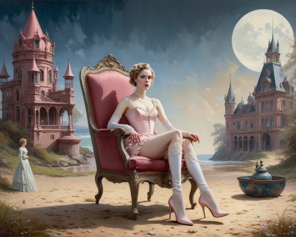 Blonde Woman in Rococo Armchair Surrounded by Palaces