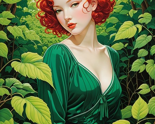 Young woman in green dress amidst lush foliage