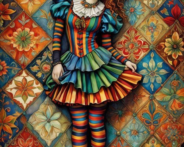 Whimsical Figure on Floral Patterned Floor in Costume