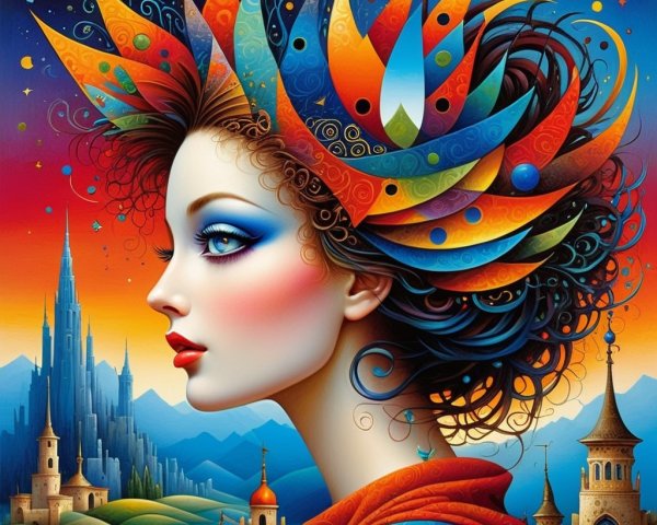 Stylized Profile of Woman with Colorful Hair and Landscape