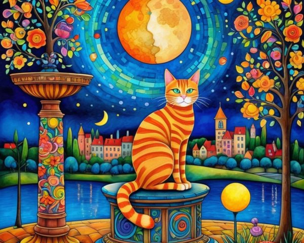 Vibrant Dreamlike Scene with Orange Tabby Cat