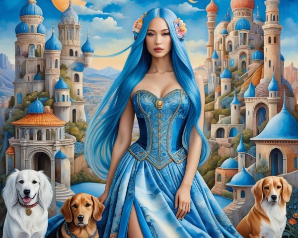 Mystical Woman in Blue Gown with Dogs in Fantasy City