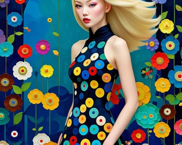 Elegant figure in black dress among colorful flowers