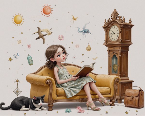 Cozy Scene of a Girl Reading with a Cat and Decor
