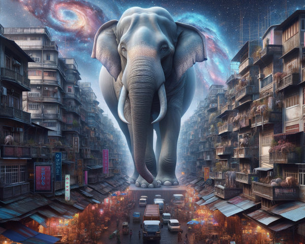 Urban Street Scene with Surreal Elephant Under Stars