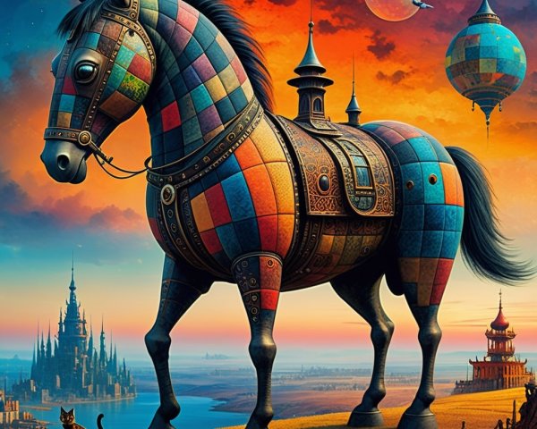 Colorful Horse in Surreal Landscape with Cat and Castles