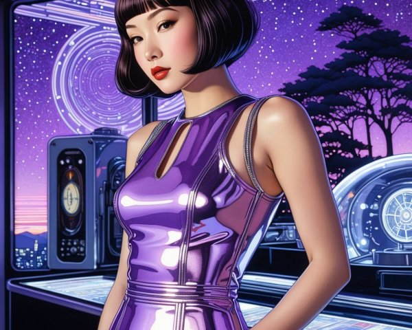 Futuristic Scene with Woman in Purple Dress and Cosmos