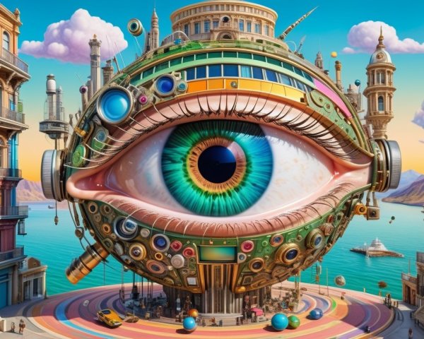 Giant Eye Structure in a Vibrant Futuristic Landscape