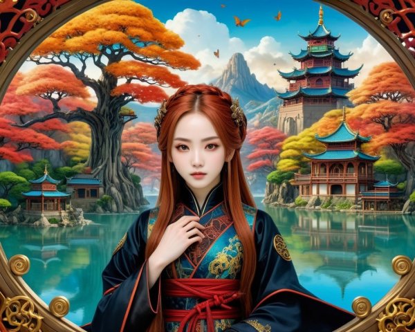 Young Woman in Traditional Attire Amidst Autumn Landscape