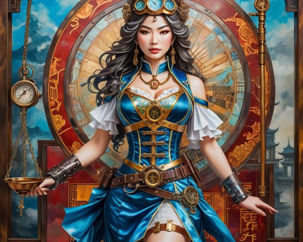 Steampunk Female Character in Blue and Gold Outfit