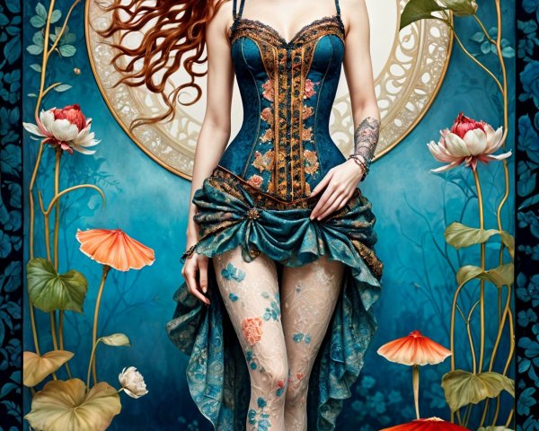 Elegant Woman in Teal Corset Dress Surrounded by Flowers