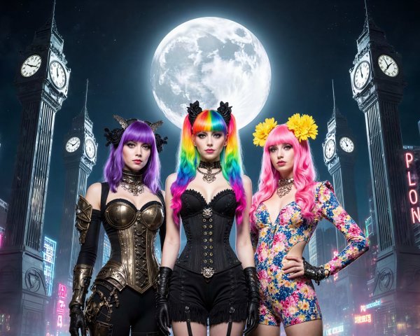 Three Women with Anime Hair in Colorful Outfits by Moon