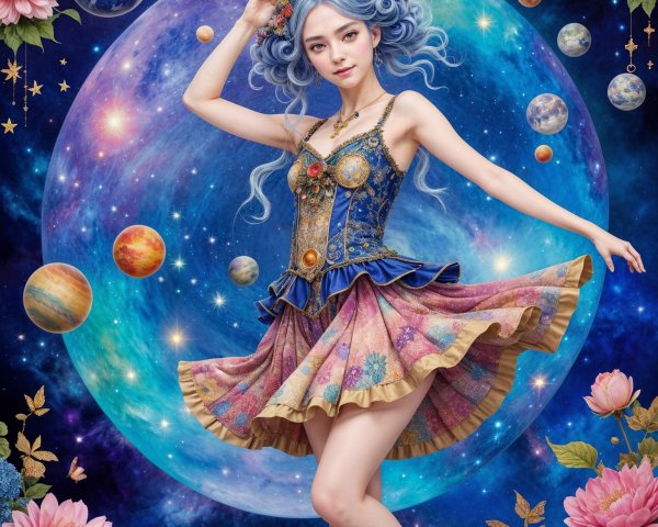 Whimsical Figure in Floral Dress Against Cosmic Background