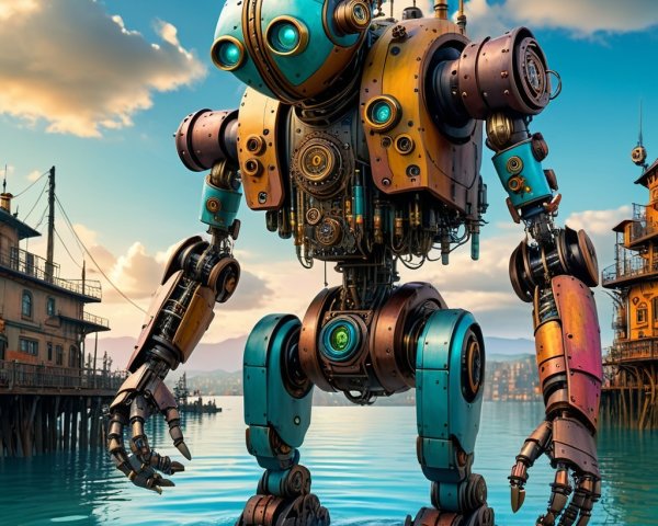 Steampunk Robot in Water with Colorful Details