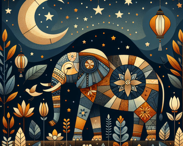 Whimsical Elephant Illustration Under Starry Sky
