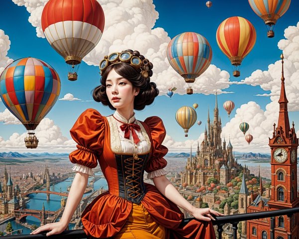 Young woman in vintage dress on balcony with balloons