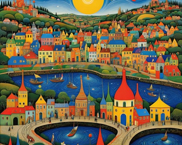 Vibrant Dreamlike Landscape with Colorful Houses