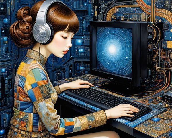 Young woman with headphones in a futuristic setting