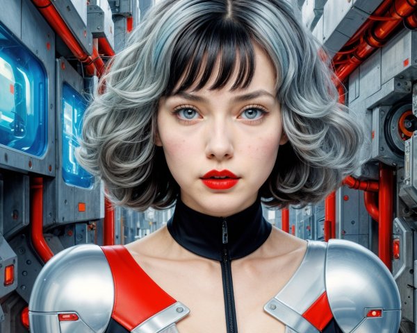 Futuristic Scene with Young Woman in Metallic Outfit